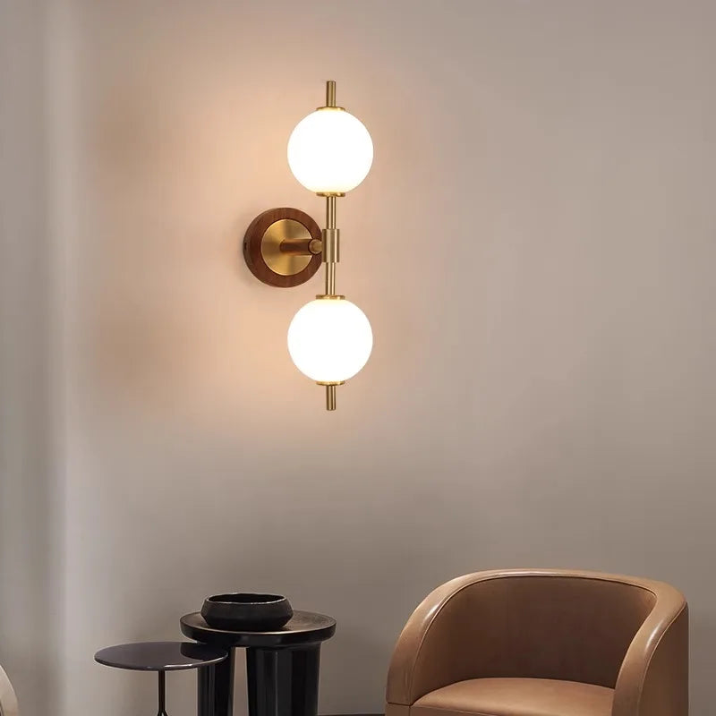 Walnut Wood Glass Sphere Brass, Wabi-sabi Simple Modern Vintage style, Wall Sconce lighting for Bedroom, Bedside, Dining Room - vue 3 sur 8