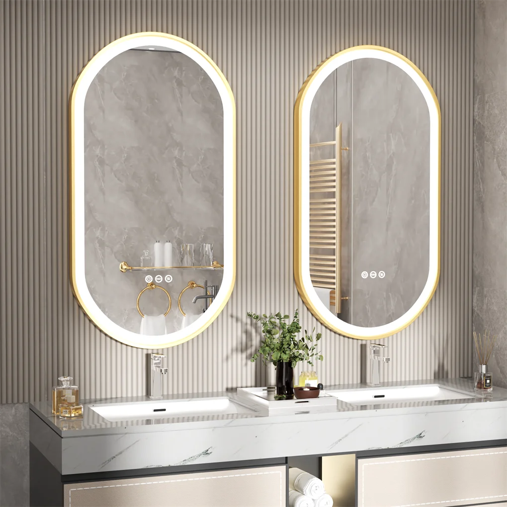 LED Bathroom Mirror Oval Illuminated Wall Mirror Aluminum Gold Frame Memory Anti-fog 3 Changeable Color, IP56 800/1000/1200MM - vue 3 sur 9
