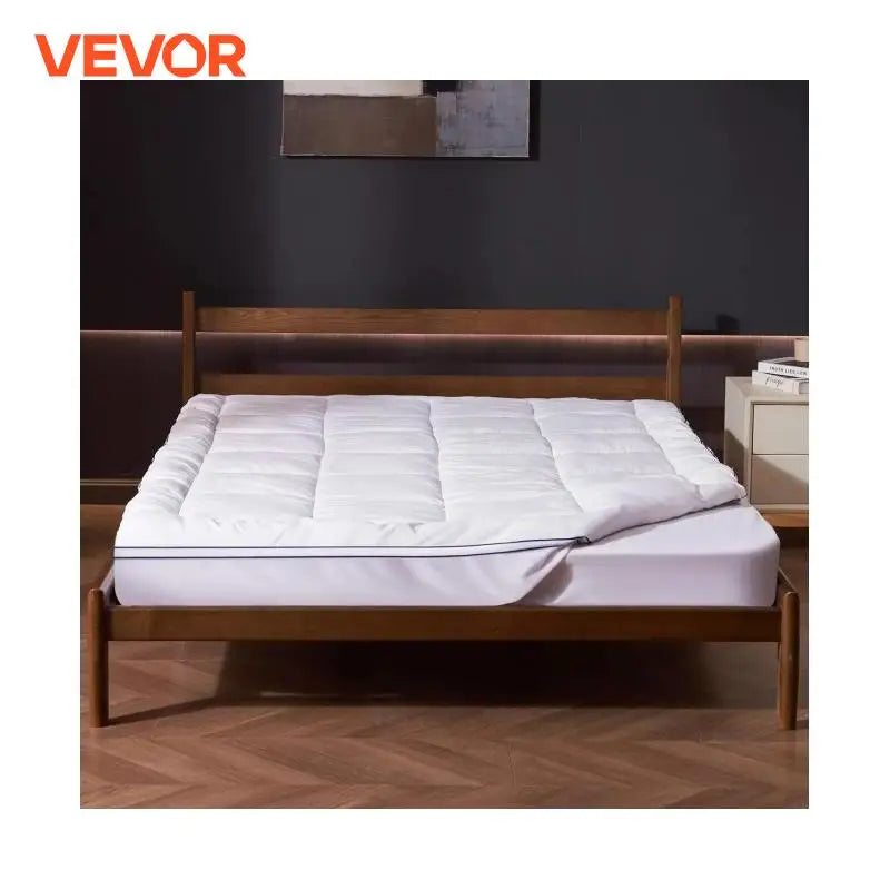 VEVOR Mattress Topper 1" Thickness Fiber Fill Pad with Detachable & Washable Layer, Detachable Bedside Pocket for Holding Items