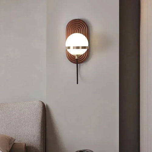 Walnut Wood Circular Sphere, Modern style Wabi-sabi minimalist Wall Sconce light for Bedroom, Bedside, Living, Dining Room - vue 5 sur 8