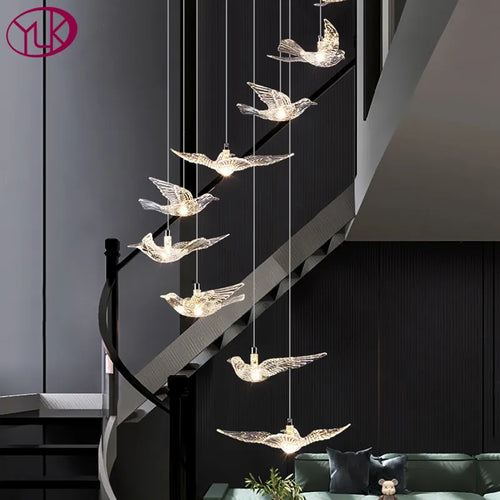 YOULAIKE oiseau design led lustre pour escalier de luxe salon suspendu luminaire couloir longue spirale acrylique lampes - vue 2 sur 20