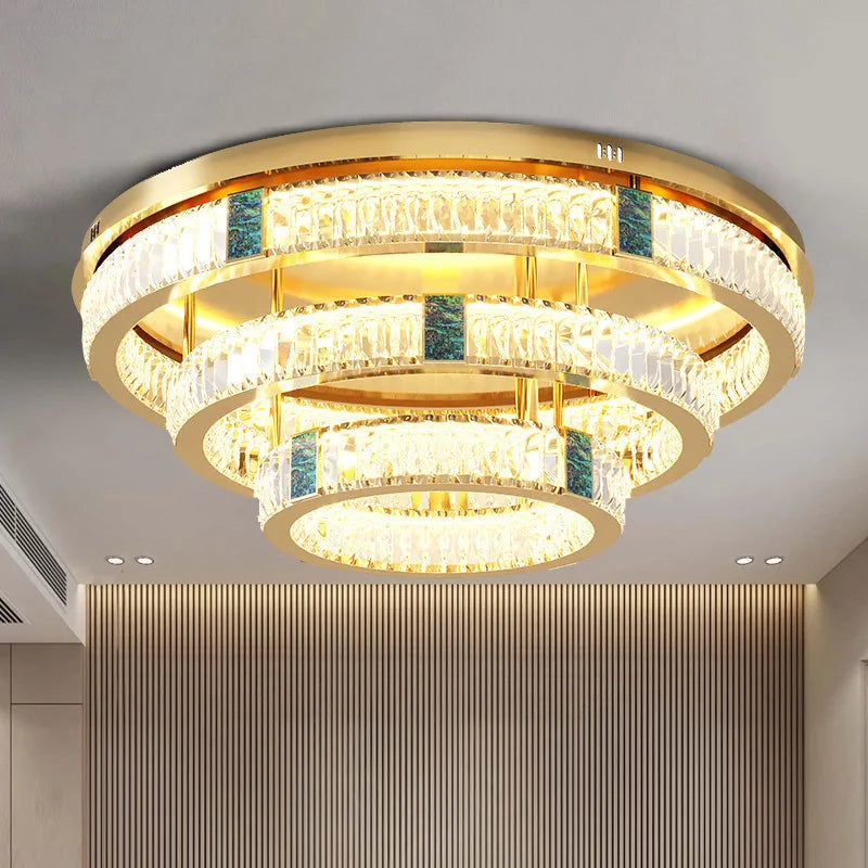 lustre moderne en cristal rond à 3 couches avec led