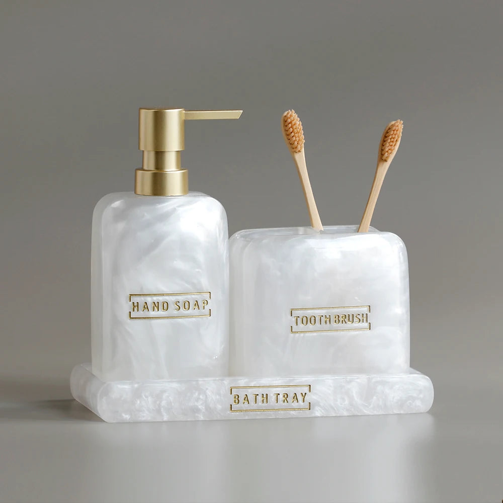 Bathroom Accessories White Pearl Look Bathroom Vanity Countertop Accessory Set,Soap Dispenser,Toothbrush Holder Set,Tray - vue 3 sur 7