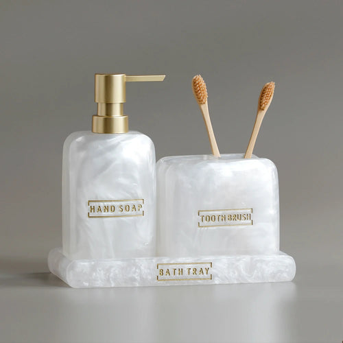Bathroom Accessories White Pearl Look Bathroom Vanity Countertop Accessory Set,Soap Dispenser,Toothbrush Holder Set,Tray - vue 4 sur 7