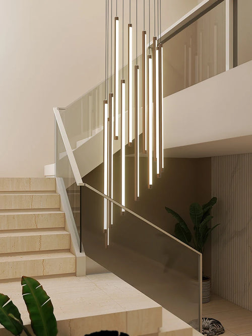 Nordic wood grain duplex rotating minimalist LED chandelier - vue 3 sur 14