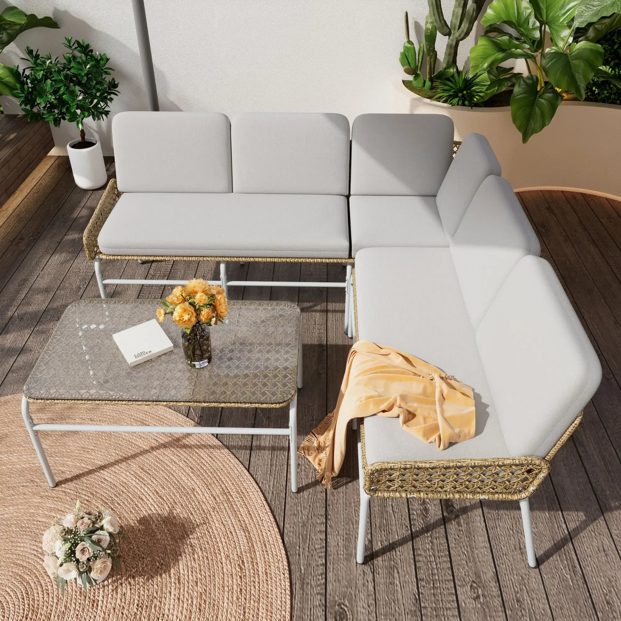Poly rattan set, garden set, sofa lounge for 4-5 people, corner sofa, tempered glass, table & pads, apricot Gray, natural - vue 4 sur 6