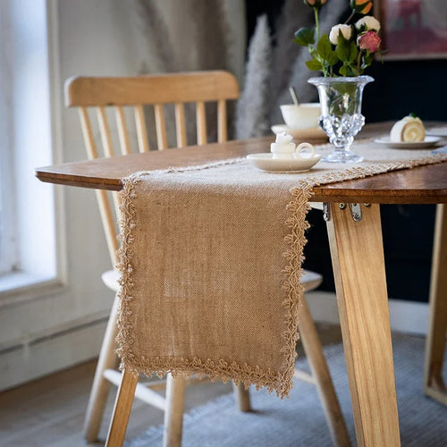 Chemin de table style toile de jute pompons champetre