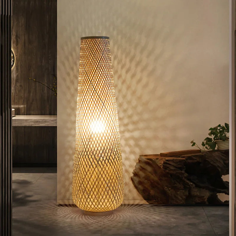 lampadaire cylindrique en bois et osier rétro tissé en bambou - vue 4 sur 9