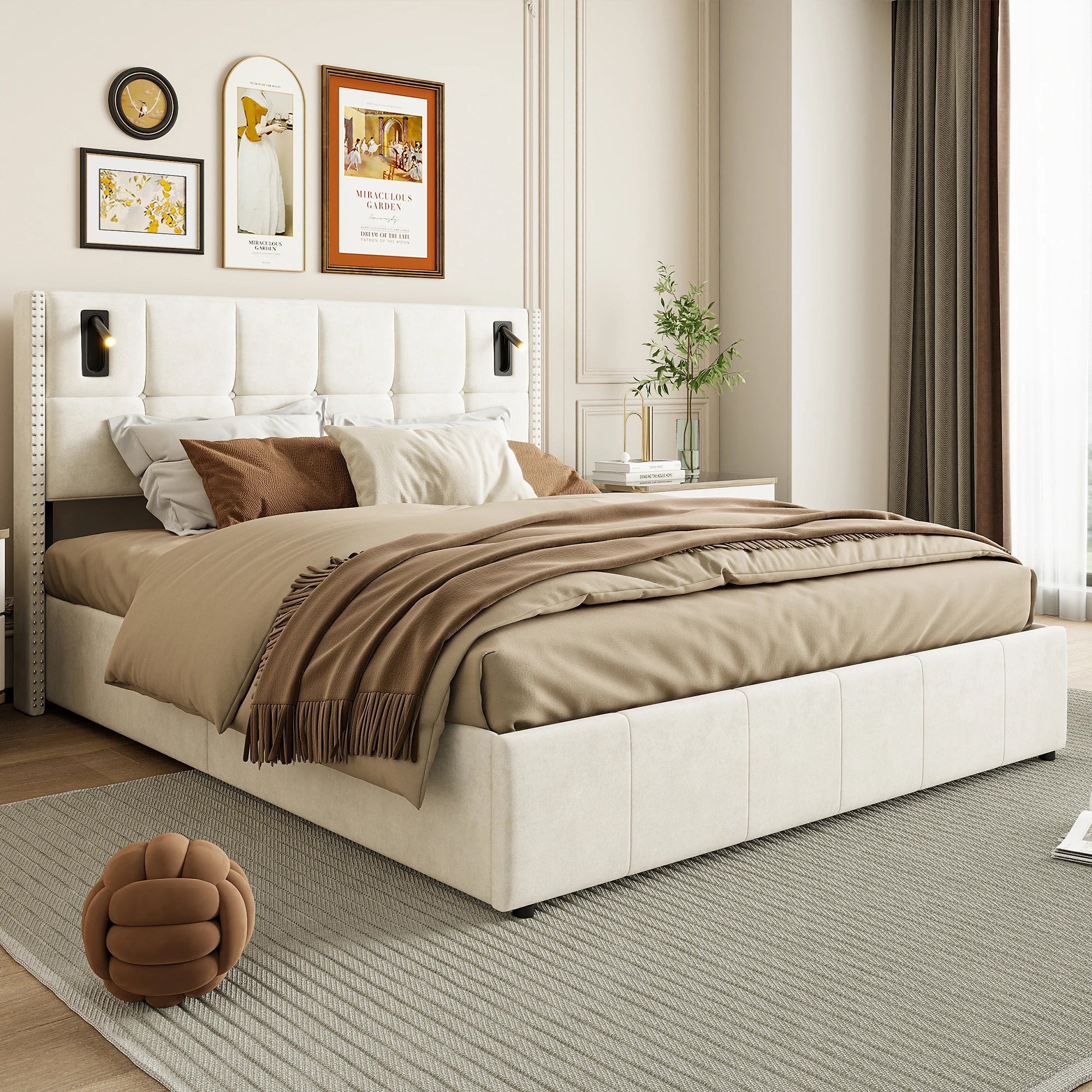 Single and Double Bed with Slatted Frame, Hydraulic Upholstered Storage Bed, Headboard with 2 Reading Light and USB Port, Velvet - vue 4 sur 8