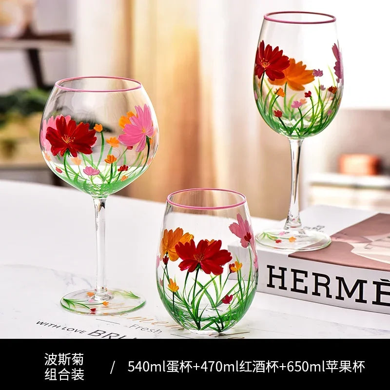 Verres à vin hauts motifs floraux peints main