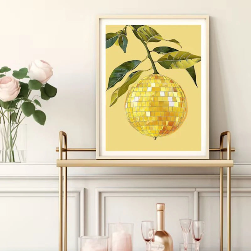 affiche créative boule disco fruit abstrait rétro peinture murale décorativa