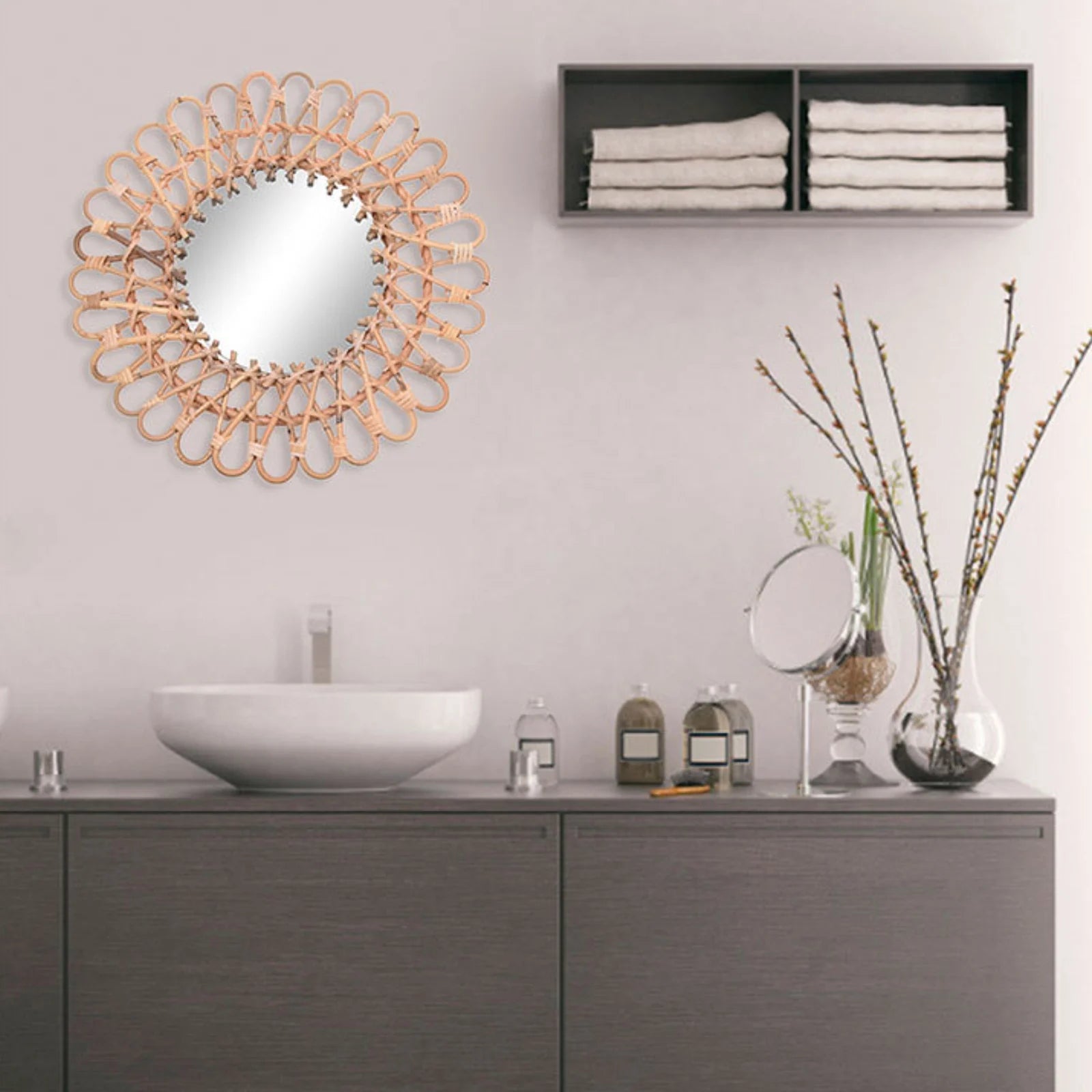 miroir mural rond en rotin au design nordique élégant - vue 3 sur 6