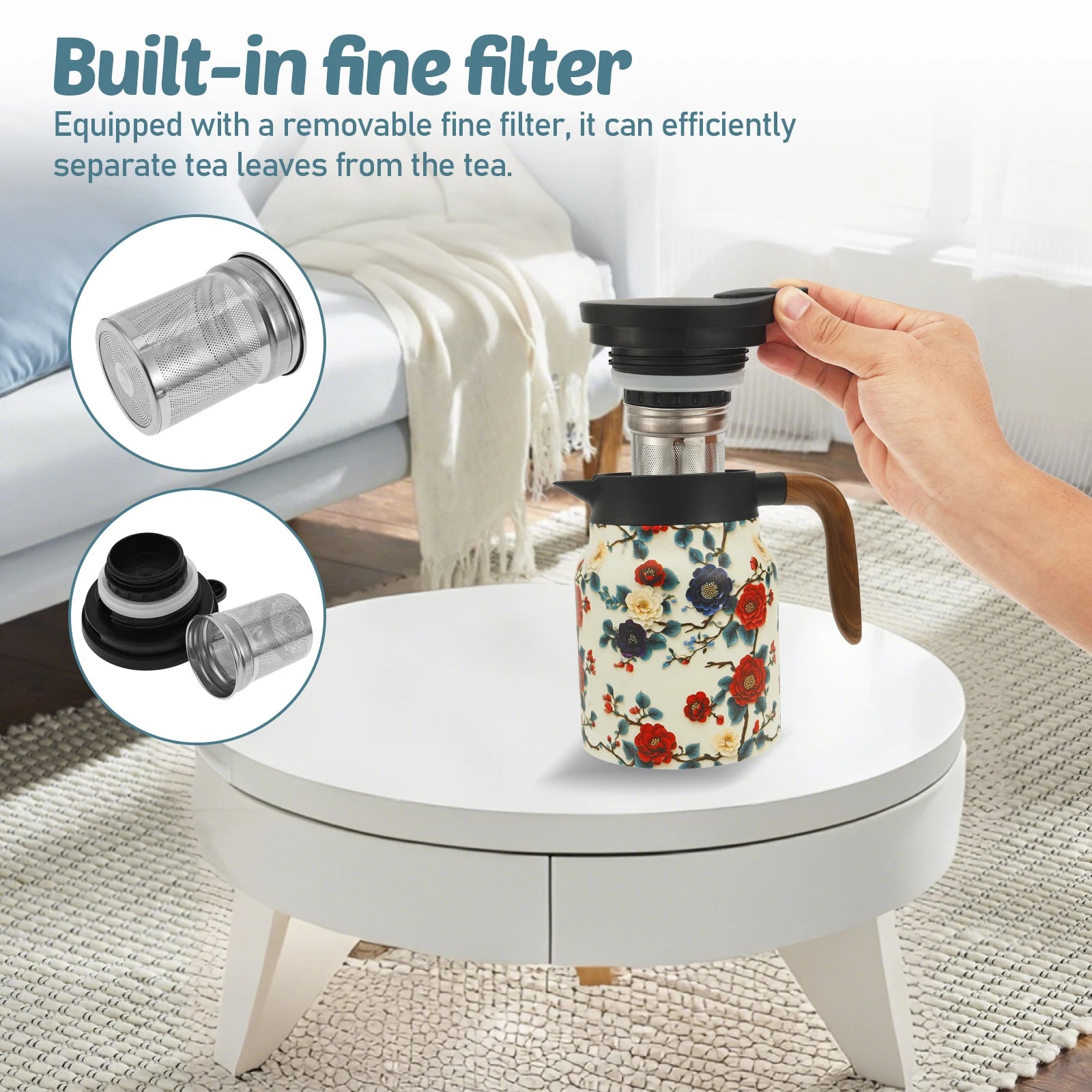 Théière isotherme vintage motif floral acier infuseur thermostat - vue 6 sur 7