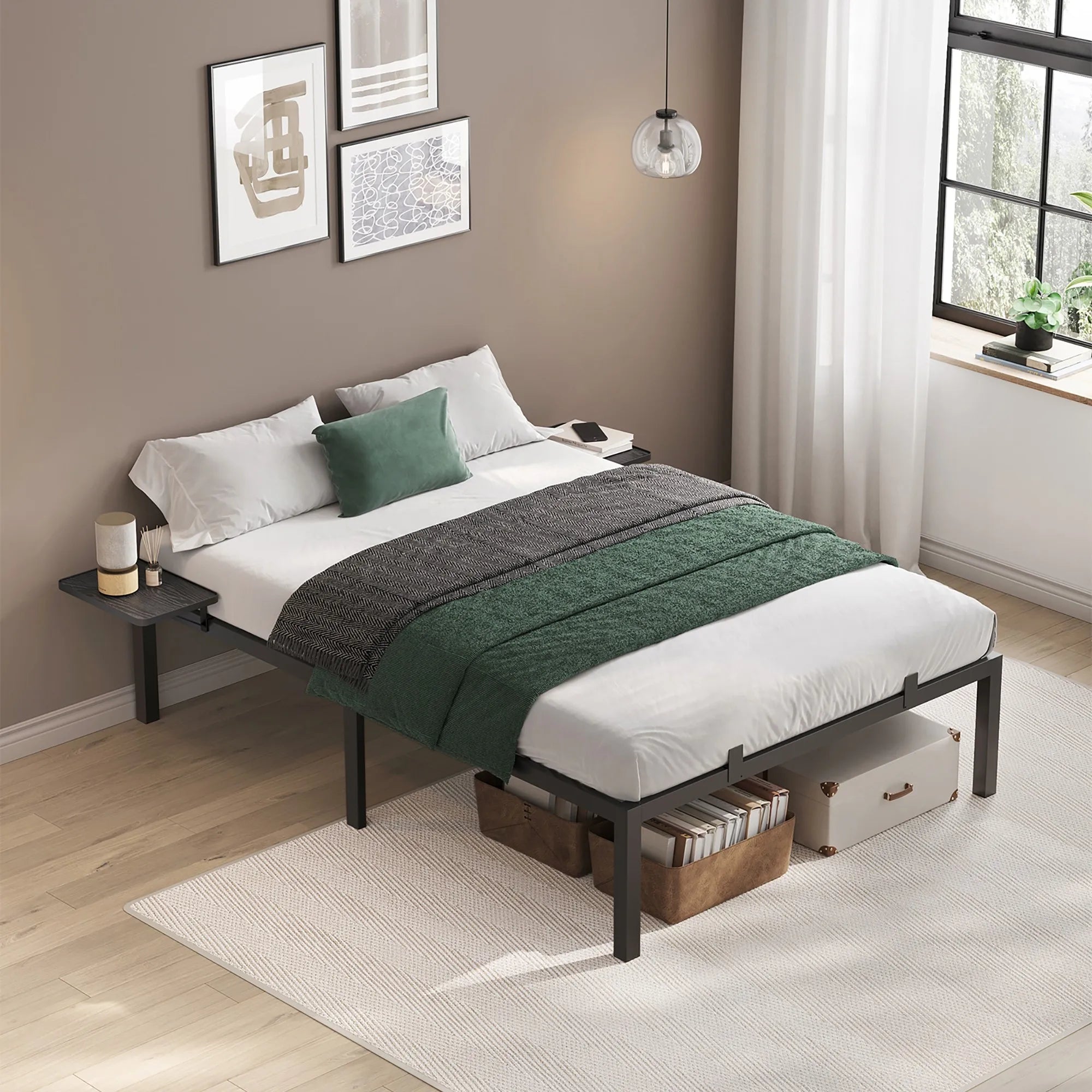 VASAGLE Double Bed Frame, Metal Bed Frame, with Bedside Shelves, Guest Bed Frame, for 140 x 200 cm Mattresses, Easy Assembly - vue 2 sur 7