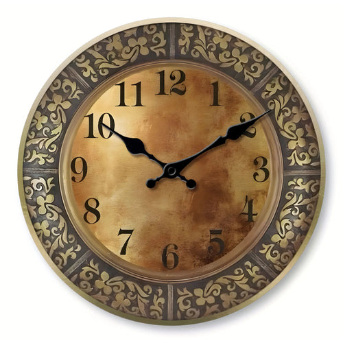 Wooden silent wall clock, antique brass pattern design, modern design, home decoration, living room dining room decoration - vue 2 sur 7
