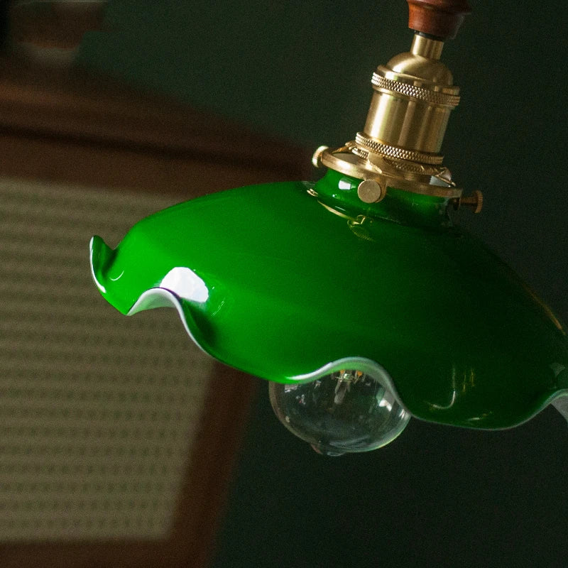 Suspension vintage style américain en cuivre bois et verre - vue 7 sur 30