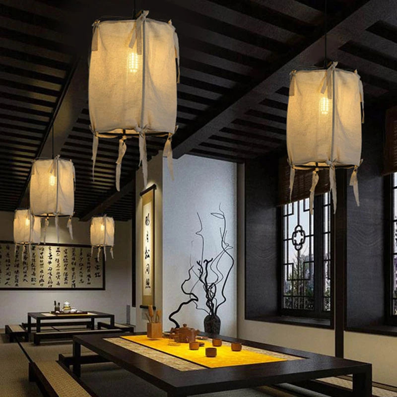 suspension en fer et lin style japonais pour décoration intérieure - vue 4 sur 9