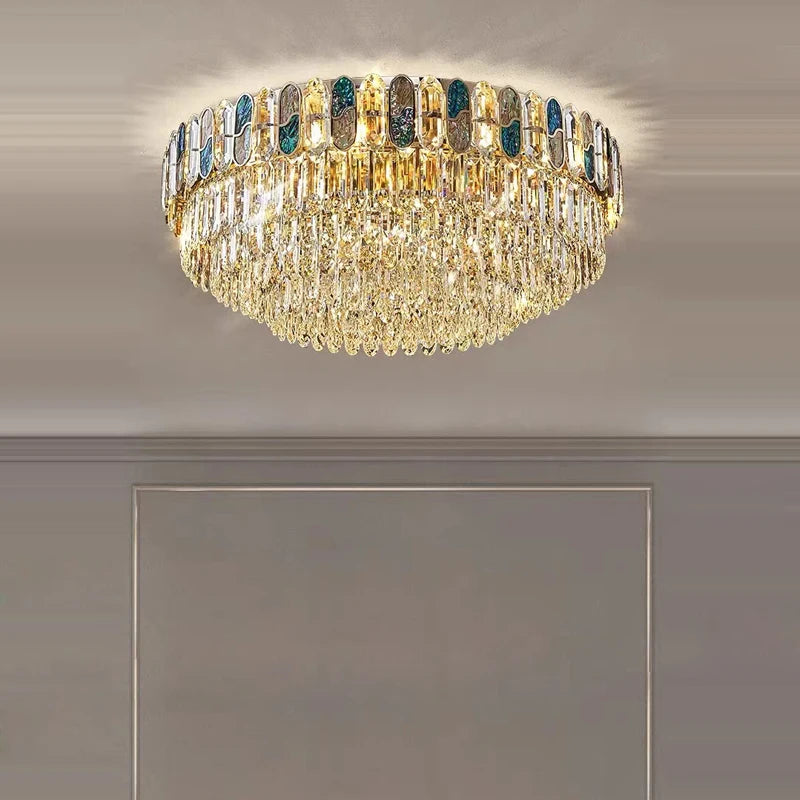plafonnier led art déco en cristal doré et acier inoxydable - vue 6 sur 18