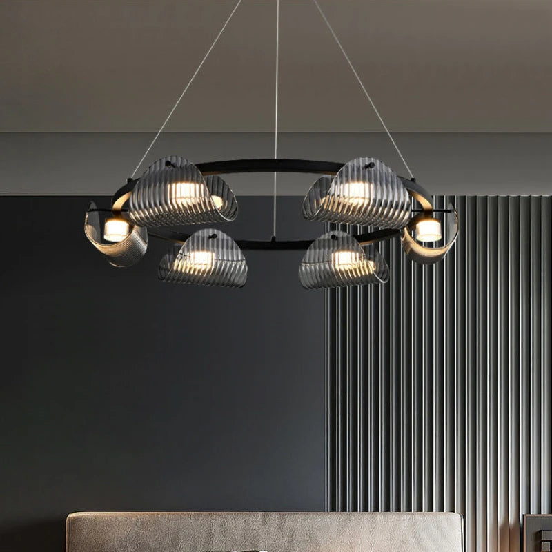 lustre minimaliste italien en verre rayé avec lumières led - vue 3 sur 12