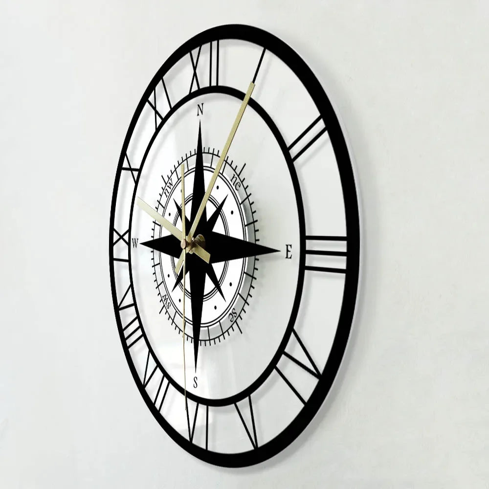 horloge murale silencieuse avec boussole et carte de direction - vue 3 sur 7