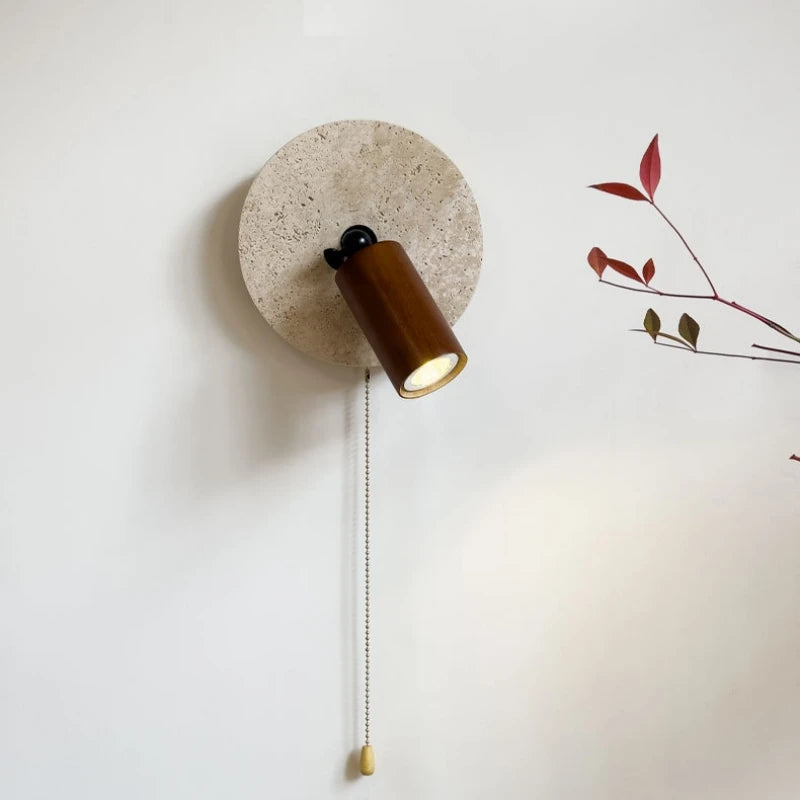 applique murale en pierre et bois avec interrupteur et ampoule ronde - vue 4 sur 10