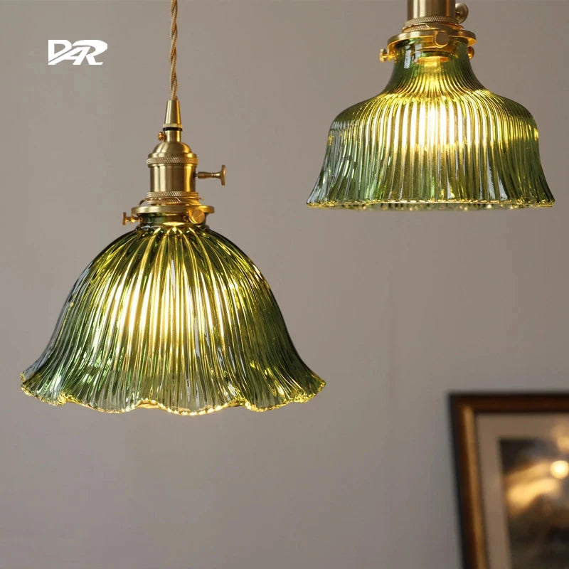 Suspension en verre vert foncé salle à manger chambre chevet Bar café suspension Luminaire rétro lampes suspendues en laiton pour plafond - vue 2 sur 14