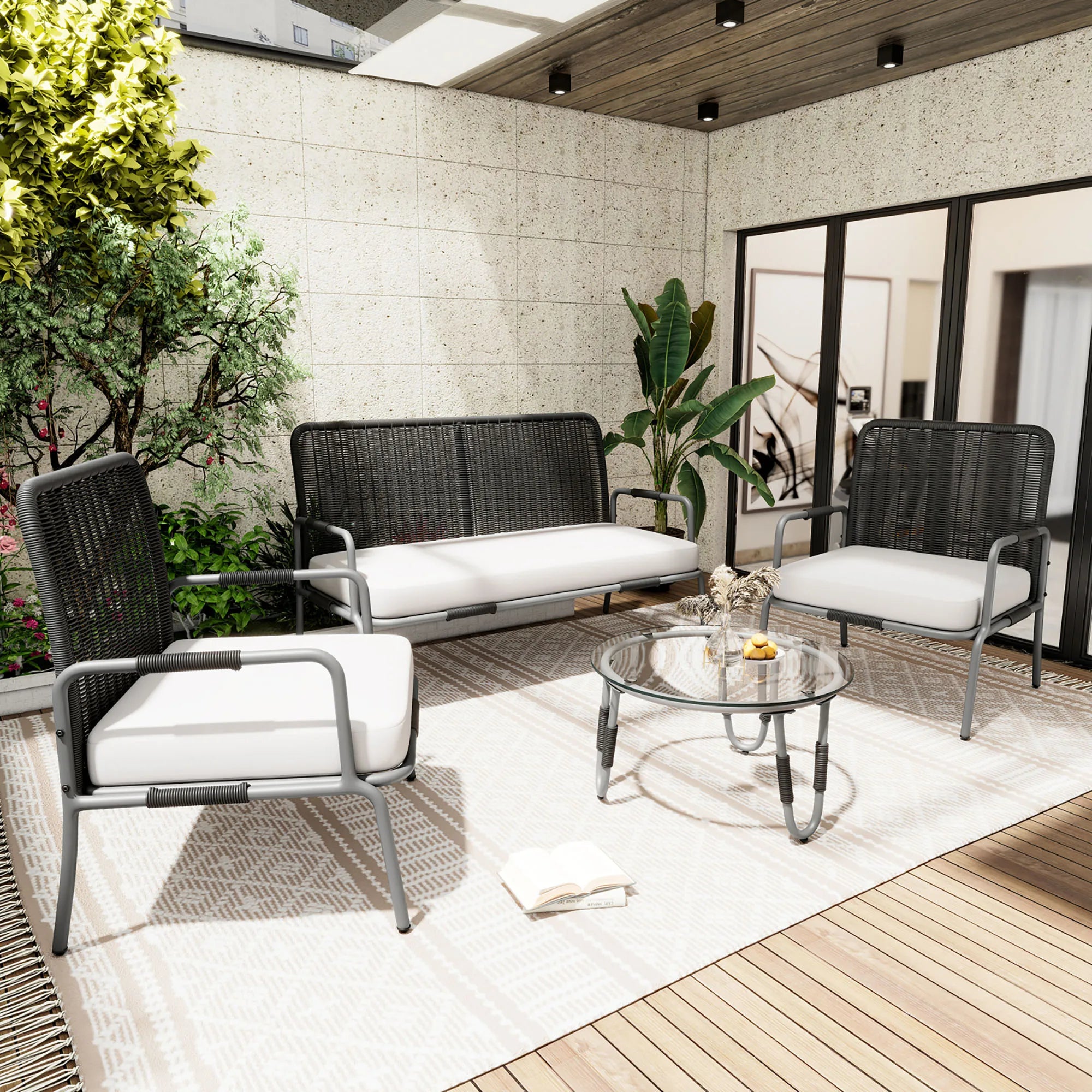 Poly Rattan Furniture Set with Armchair, Coffee Table &amp; Cushions, Removable and Washable Fabric Cover Garden Furniture Set - vue 2 sur 7