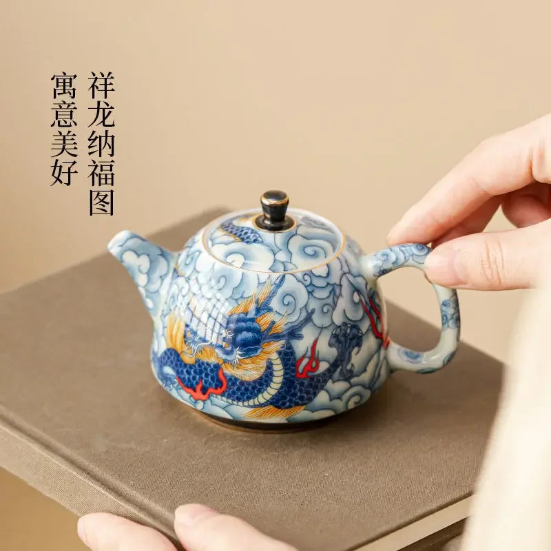 Théière chinoise porcelaine décor sous couverte infuseur artisanal - vue 6 sur 7