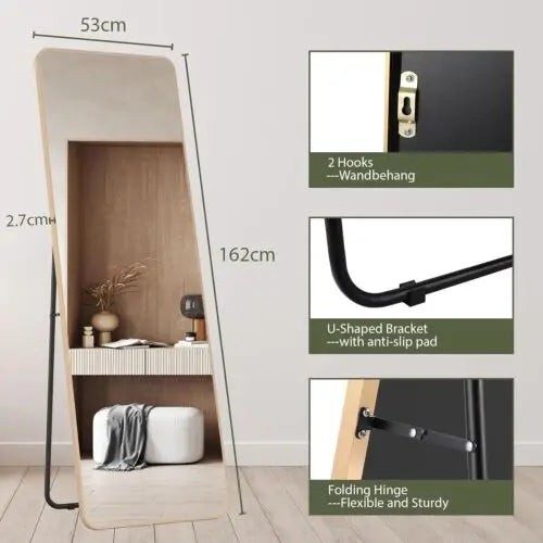Full Length Mirror Standing Hanging or Leaning Against Wall Large Bedroom Floor Mirror Dressing, Aluminum Alloy Frame 162cm - vue 8 sur 11