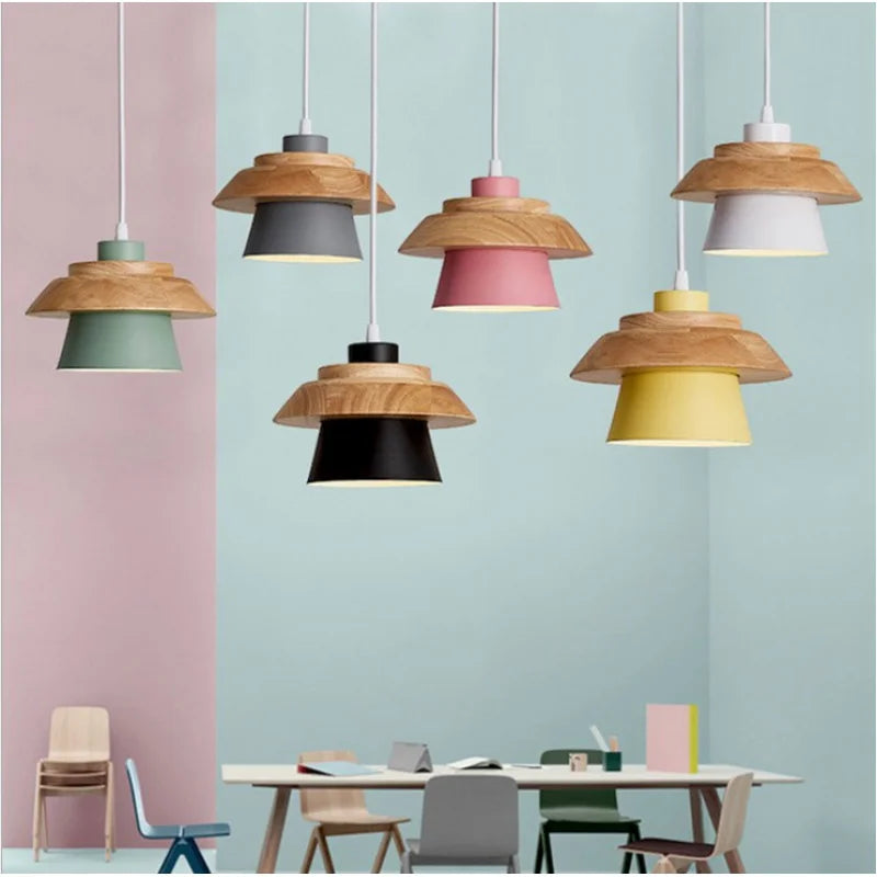 Nordique fer LED lustre couloir couloir entrée Restaurant lustre Simple Macaron en bois Sandwich lustre - vue 5 sur 5