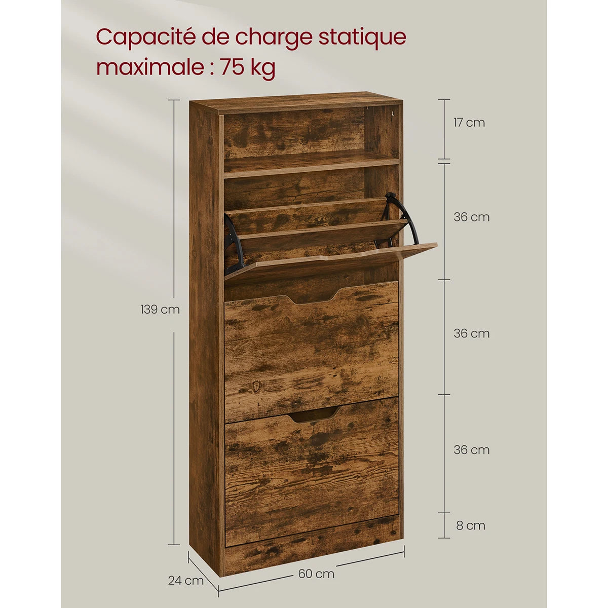 Shoe Cabinet with 3 Hinged Doors, Open Compartment, Adjustable Divider, 14 to 18 Pairs, 24 x 60 x 139 cm, Brown - vue 6 sur 8