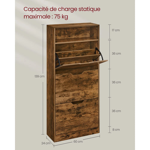 Shoe Cabinet with 3 Hinged Doors, Open Compartment, Adjustable Divider, 14 to 18 Pairs, 24 x 60 x 139 cm, Brown - vue 7 sur 8