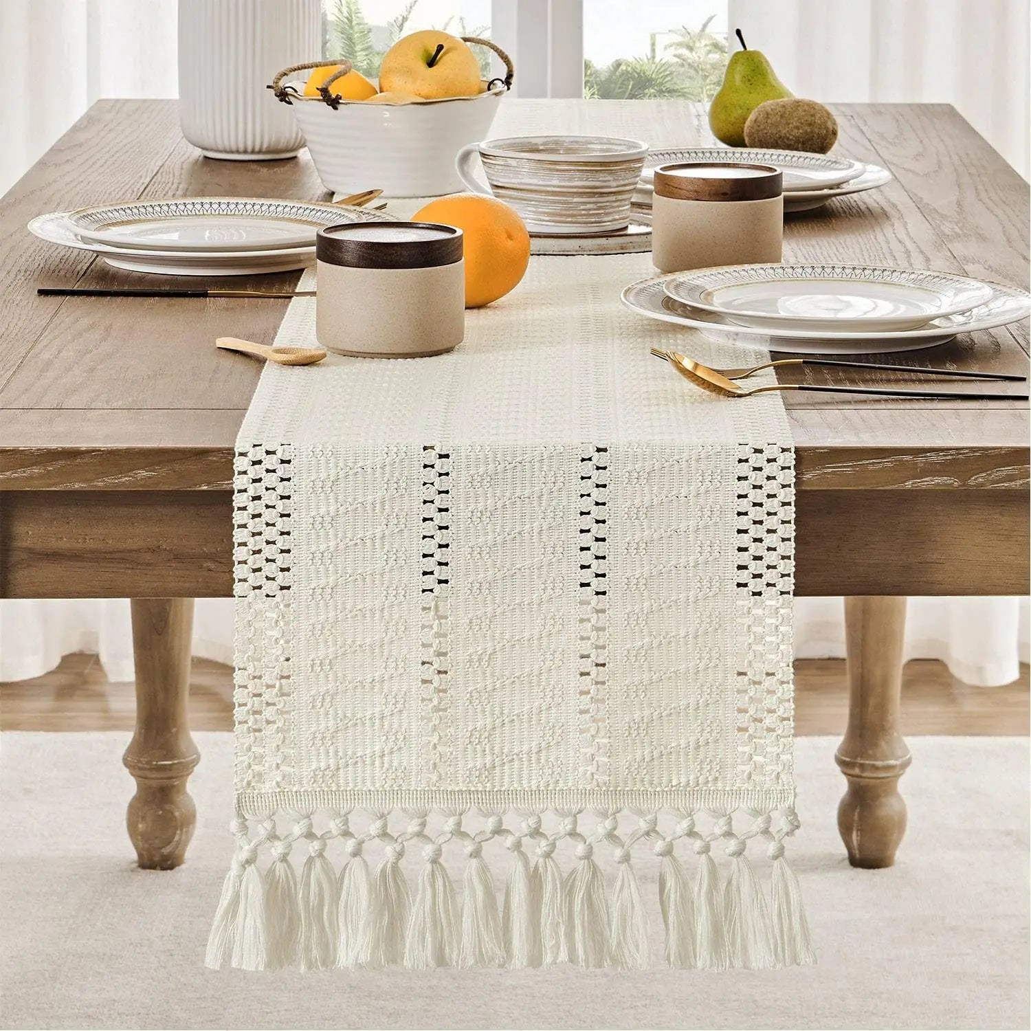 Chemin de table macramé bohème ivoire franges tissé - vue 4 sur 7