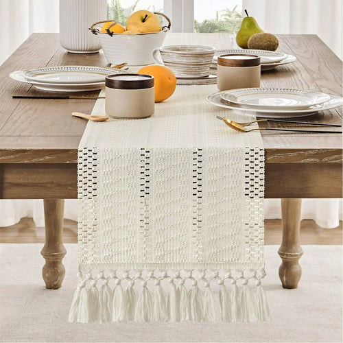 Chemin de table macramé bohème ivoire tissé rayé - vue 5 sur 7