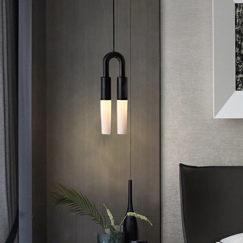 lustre art déco en métal noir et blanc avec fil réglable - vue 3 sur 6