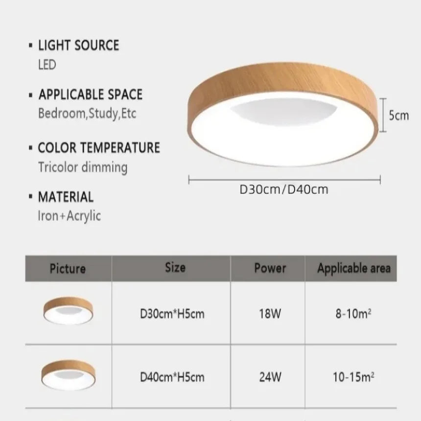 plafonnier led moderne circulaire grain de bois ultra-mince décoratif - vue 7 sur 8