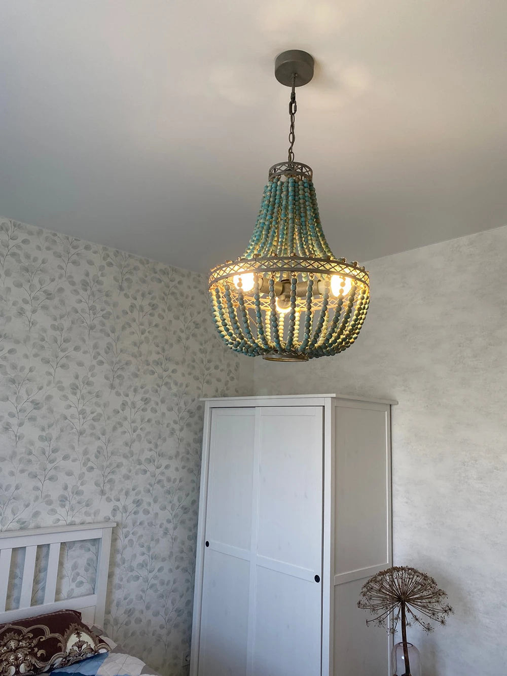 Retro loft vintage rustic round wooden bead chandelier E27 LED pendant light for living room, hotel, kitchen - vue 9 sur 17