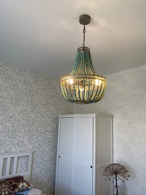 Retro loft vintage rustic round wooden bead chandelier E27 LED pendant light for living room, hotel, kitchen - vue 9 sur 17