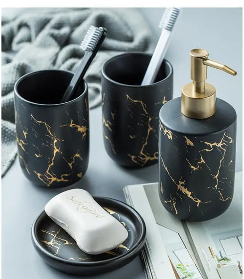 Black Marbled Bathroom Accessories Set, Ceramic Soap Dispenser, Toothbrush Holder, Box, Decoration - vue 4 sur 17
