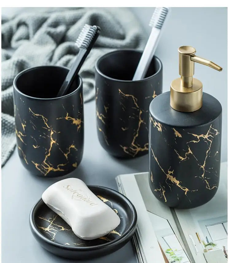 Black Marbled Bathroom Accessories Set, Ceramic Soap Dispenser, Toothbrush Holder, Box, Decoration - vue 3 sur 17