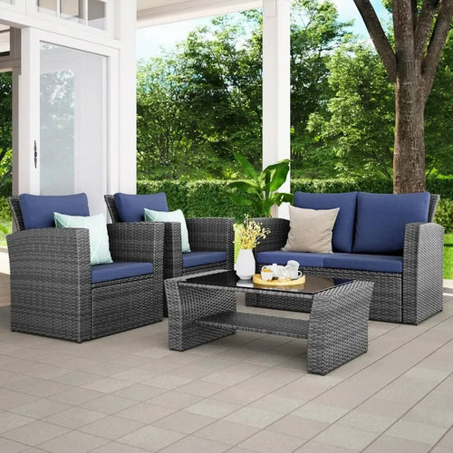 Wisteria Lane 4 Piece Outdoor Patio Furniture Set, Porch Deck Wicker Conversation Set, Grey Rattan Sofa Chair with Back Cushions - vue 2 sur 9