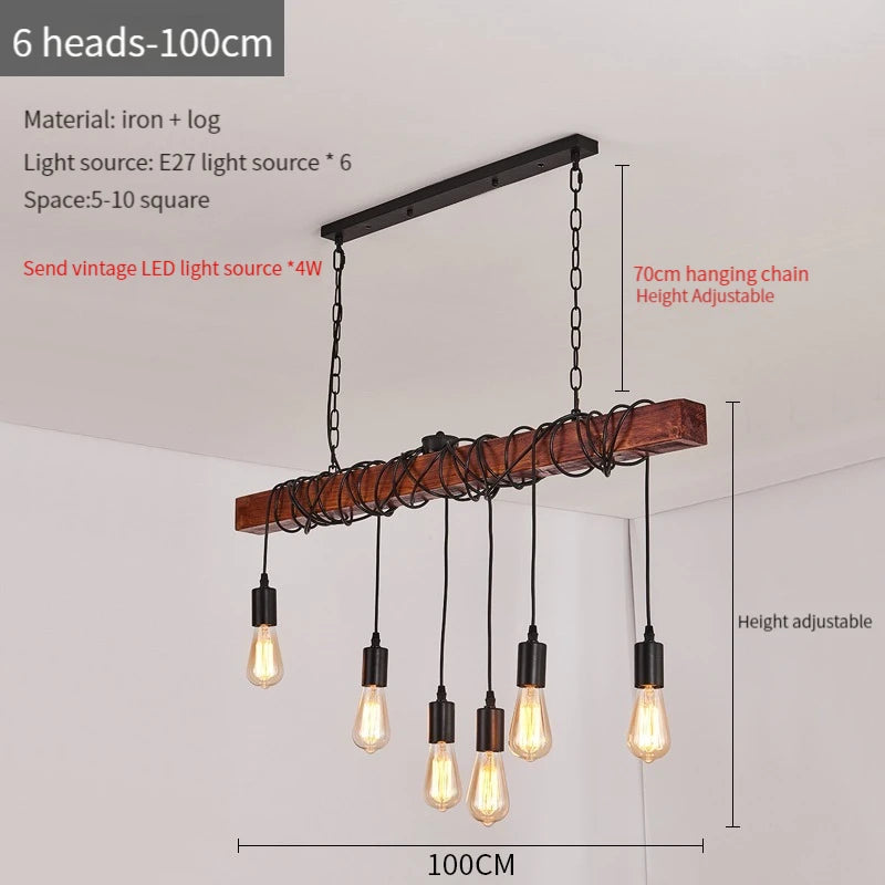 Vintage loft wood pendant light for retro LED decor