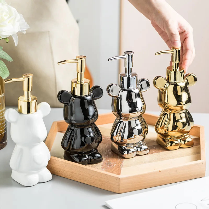Bear Shape Ceramics Soap and Gel Dispenser, Creative Gold Silver, 200ml Empty Shampoo Bottle, Bathroom Storage Accessories - vue 5 sur 10