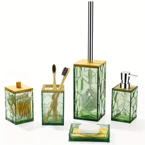 Bathroom Accessory Set, Acrylic Bamboo Accessories, Includes Toothbrush Holder, Soap Dispenser, Cotton Swab Holder, Soap Dish, T - vue 2 sur 7