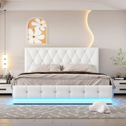 White Upholstered Bed, 140x200cm Double Bed, with Slatted Frame Artificial Leather Cover LED Lighting Hydraulically Liftable Bed - vue 3 sur 6