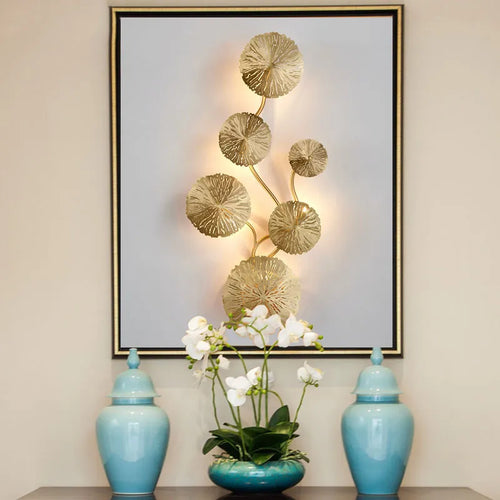 Lotus leaf gold copper LED wall sconce with G4 bulbs, vintage retro bedside and living room light - vue 7 sur 10