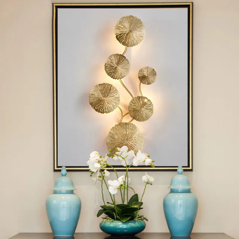 Lotus leaf gold copper LED wall sconce with G4 bulbs, vintage retro bedside and living room light - vue 6 sur 10