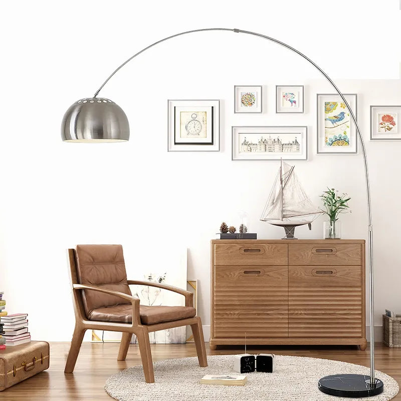 Lampadaire en marbre nordique pliant Arc rotatif argent lampadaires d'étude pour salon chambre déco éclairage lampadaire en bois - vue 3 sur 10