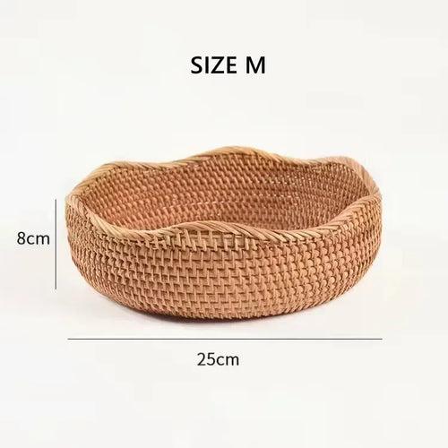 Round Rattan Fruit Basket, Wicker Woven Snack Tray, ,Bread Food Organizer, Kitchen Storage, Home Decoration - vue 10 sur 9