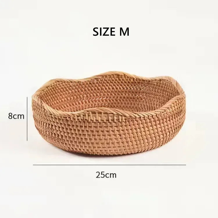 Round Rattan Fruit Basket, Wicker Woven Snack Tray, ,Bread Food Organizer, Kitchen Storage, Home Decoration - vue 9 sur 9